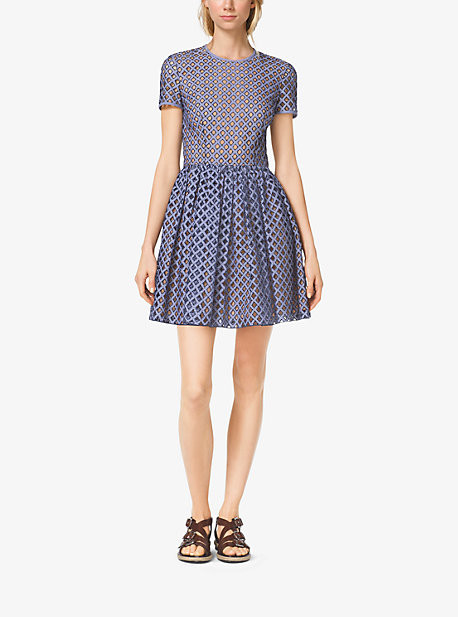Michael Kors Lattice-Embroidered Gingham Dress in Blue/White, Size: 0 | Michael Kors US & CA