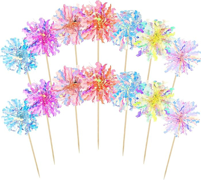 YUXIANLB 14Pcs Foil Firework Cupcake Toppers, Sparkle Tinsel Cake Toppers, Tinsel Drink Cake Deco... | Amazon (US)