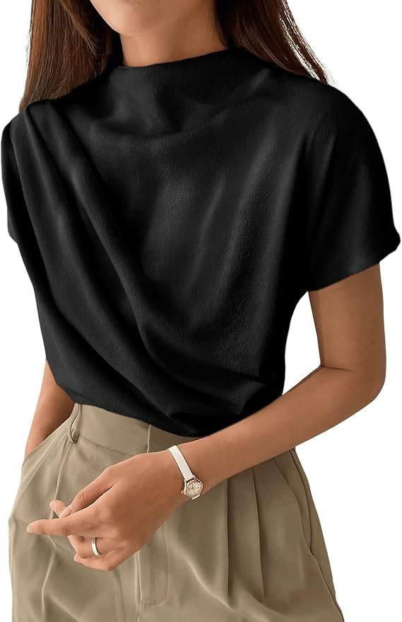 SweatyRocks Women's Casual Short Sleeve Mock Neck Tee Top Asymmetric Ruched Plain T Shirt | Amazon (US)