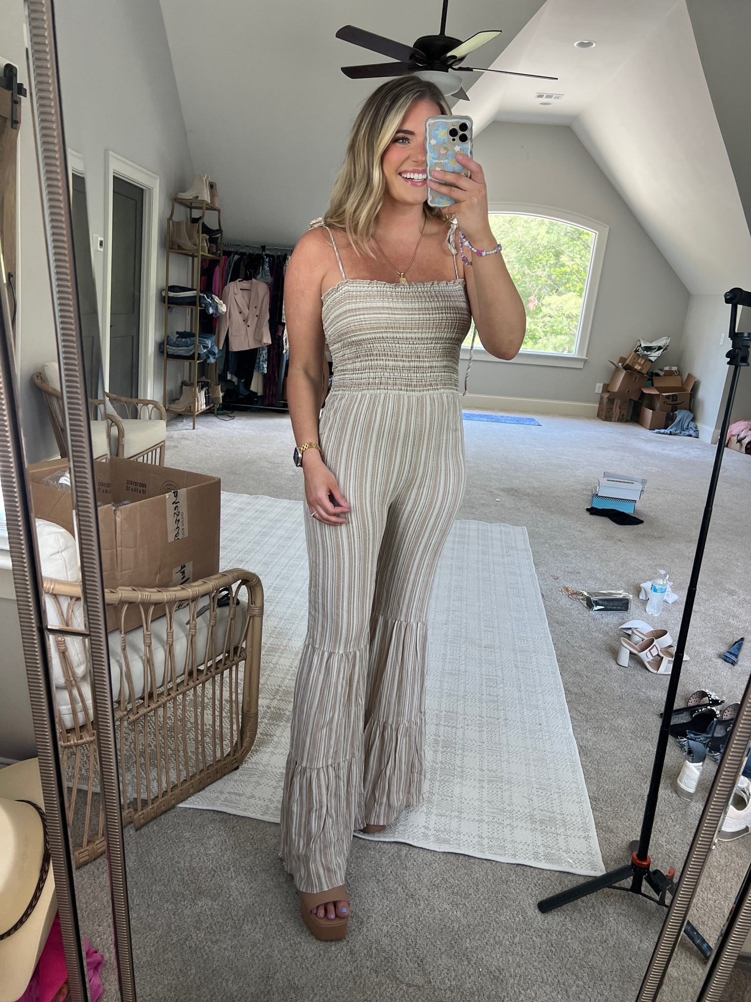 Cutest striped jumpsuit with smocked top and tie straps. Very flattering on the booty. TTS - M (fits like a glove) 

Beach vacation going out outfit Vegas girls night outfit festival jumpsuit concert outfit Nashville size 8 midsize 

#LTKFind #LTKunder50 #LTKFestival