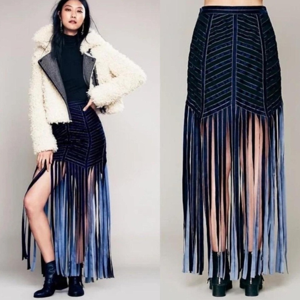 Free People Navy and Black Fringe Maxi Skirt | Poshmark