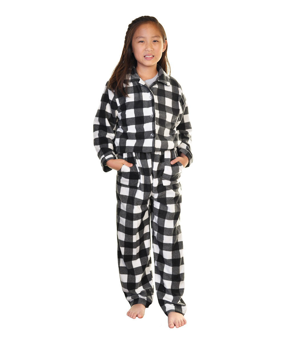 Angelina Sleep Bottoms Black - Black & White Buffalo Check Pocket Fleece Pajama Set - Toddler & Kids | Zulily