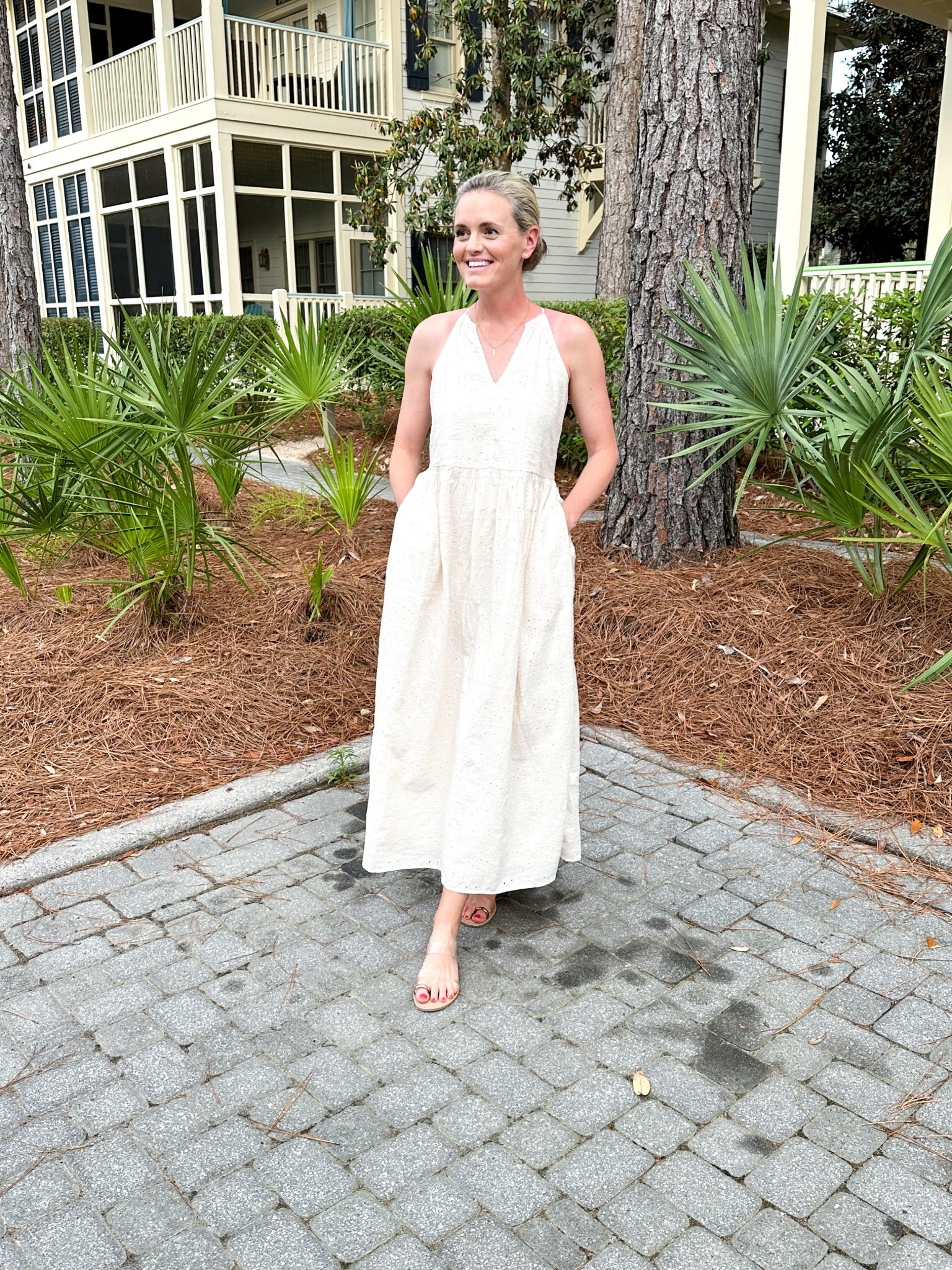 Beautiful eyelet shelled patterned dress is on sale! I’m wearing the size XS 

#LTKTravel #LTKSaleAlert #LTKOver40