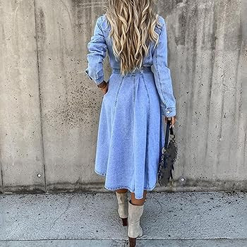 Luminary You Women Denim Dress with Hand Pocket Long Sleeve Loose Fit Jean Dress Button Down Long... | Amazon (US)