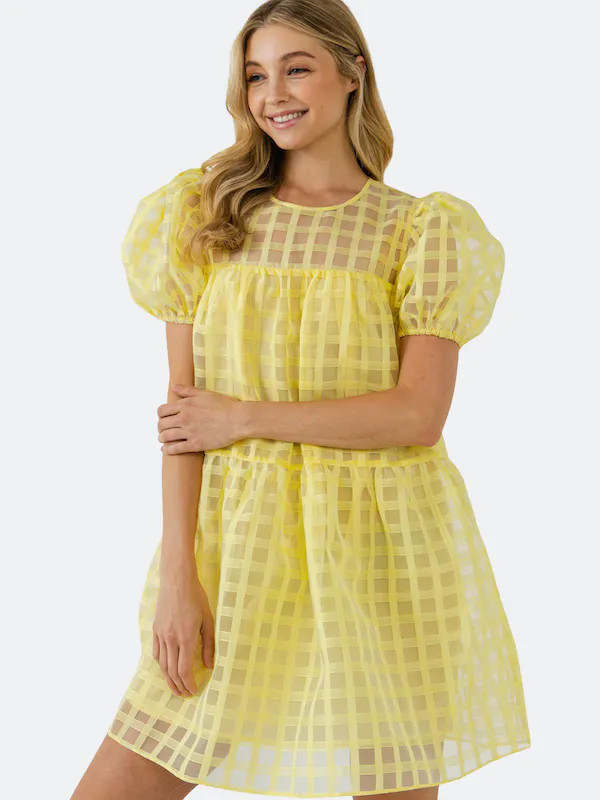 English Factory Gridded Puff Sleeve Dress - Yellow - XS | Verishop