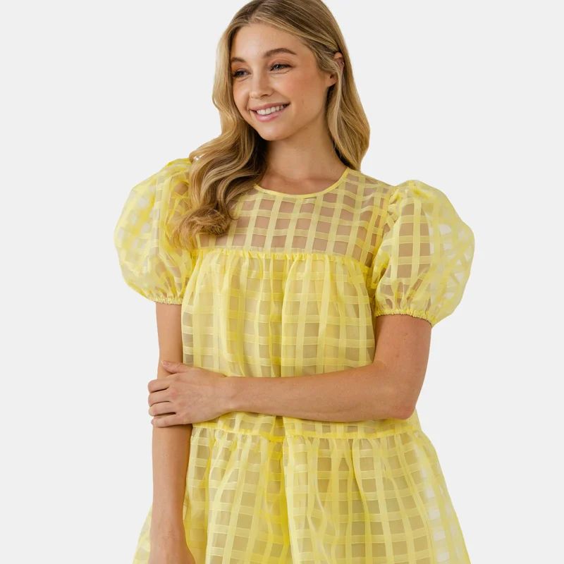 English Factory Gridded Puff Sleeve Dress - Yellow - XS | Verishop