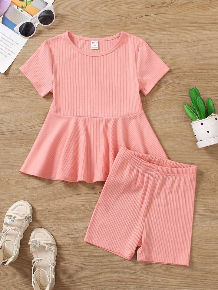SHEIN Young Girl's Solid Color Rib-Knit Top With Ruffle Hem And Cycling Shorts Set | SHEIN