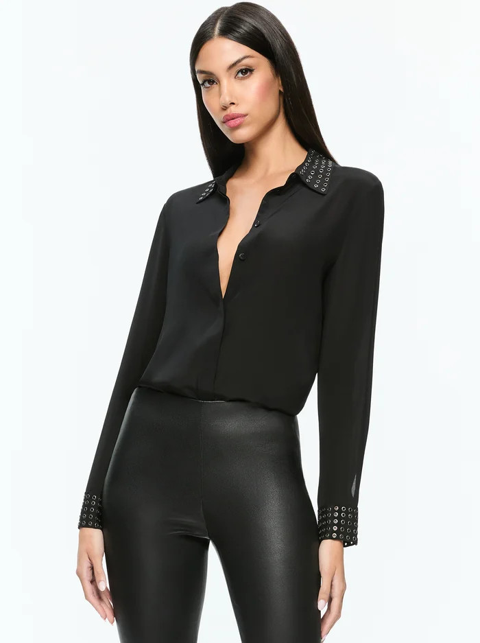 WILLA OVERSIZED BUTTON DOWN WITH GROMMET DETAIL | Alice + Olivia