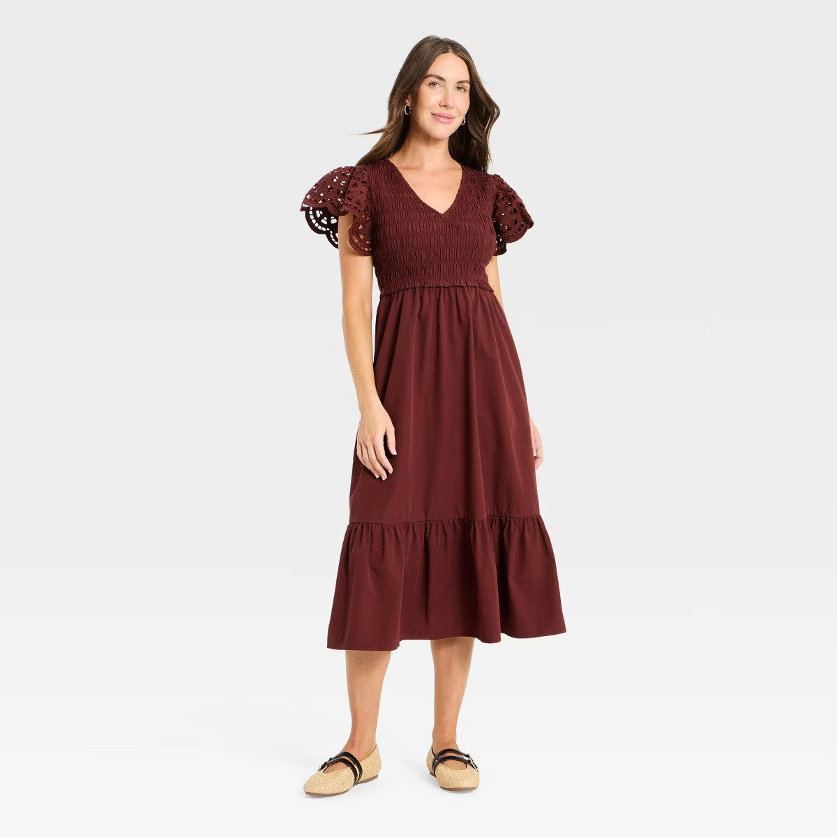 Women's Flutter Short Sleeve Smocked Midi A-Line Dress - Universal Thread™ | Target