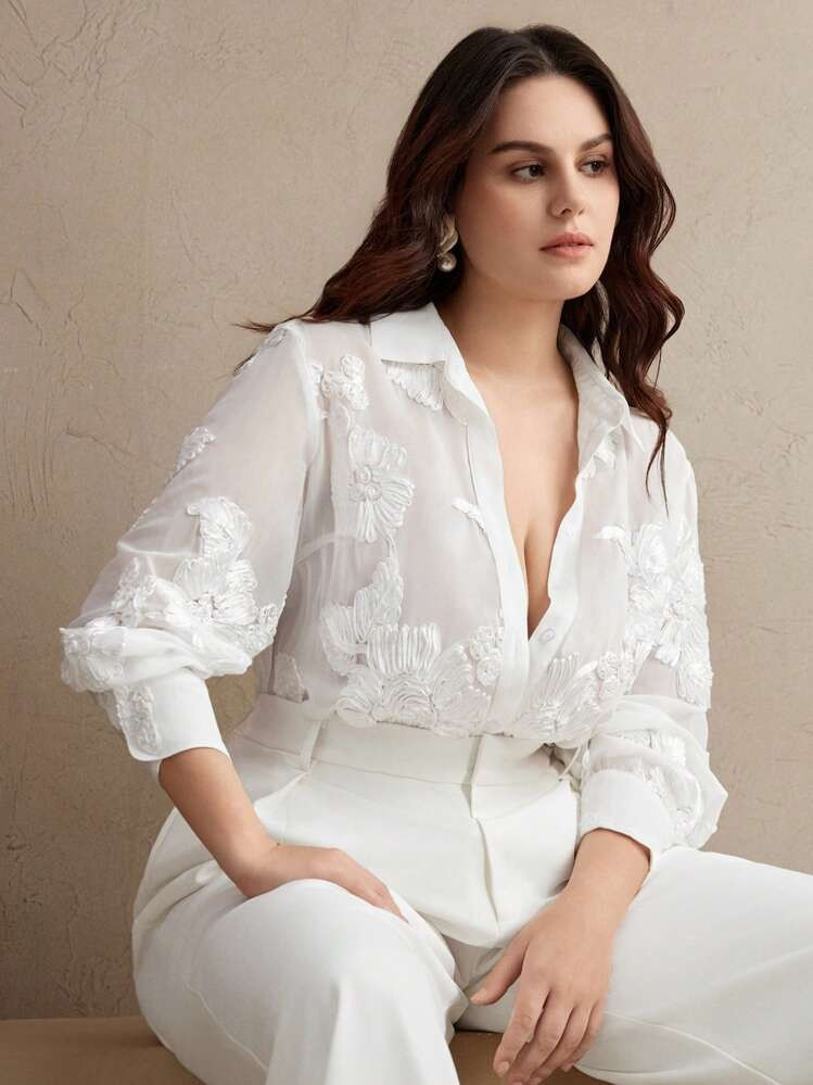 Anewsta Women's Retro French Floral Embroidery Transparent Plus Size White Long Sleeved Shirt Spring Outfits For Women | SHEIN