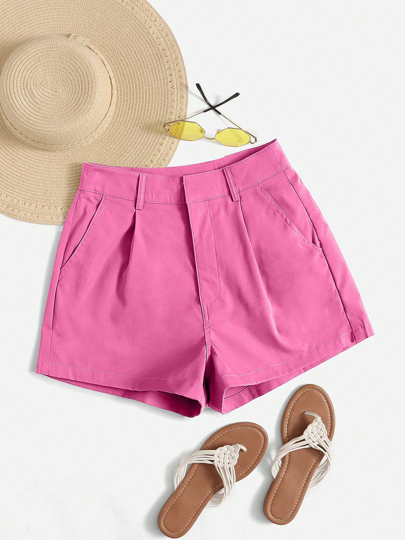 SHEIN Essnce Women's Solid Color Pleated Pocket Loose Casual Woven Shorts | SHEIN USA | SHEIN