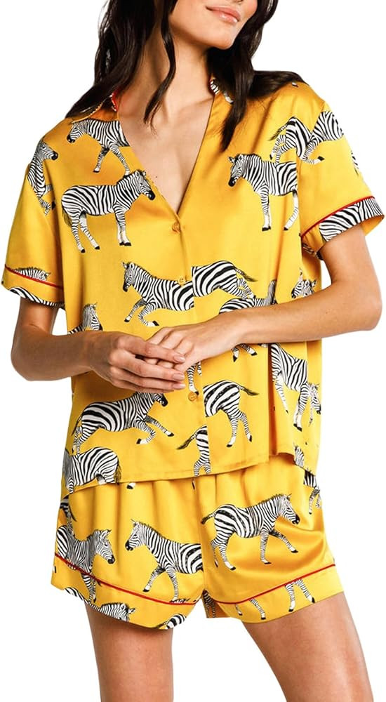 Women Cute Animal Print Pajama Set Short Sleeve Button Down Shirt Lounge Shorts Set Y2k Cartoon 2... | Amazon (US)