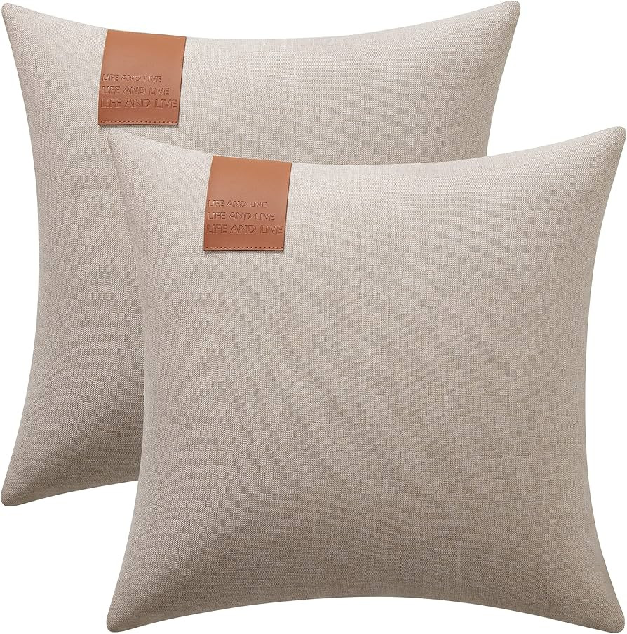 XEALYUE Label Design Solid Color Linen Textured Throw Pillow Cover Beige Accent Cushion Covers, R... | Amazon (US)