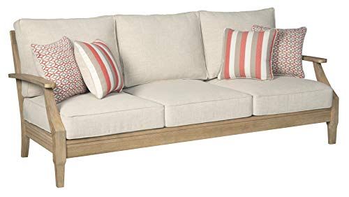 Signature Design by Ashley Clare View Coastal Outdoor Patio Eucalyptus Sofa with Cushions, Beige | Amazon (US)