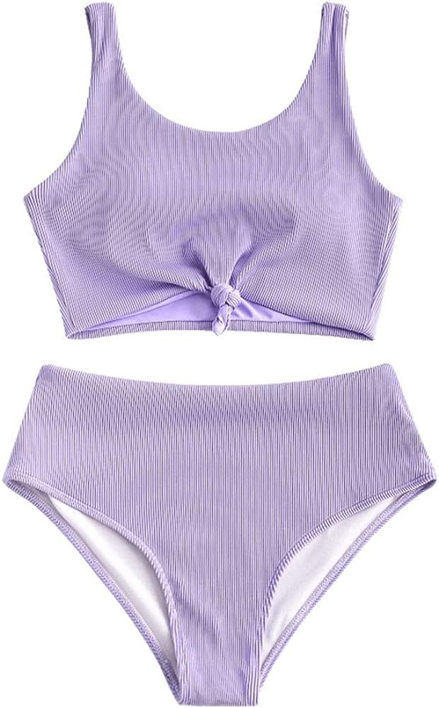 ZAFUL Women's Knot Scoop Neck Bikini Set Ruched High Waisted Two Piece Swimsuits Tankini | Amazon (US)