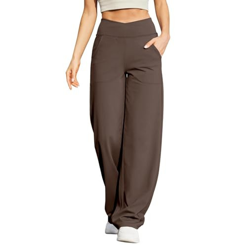 tobchonp Women's Wide Leg Yoga Pants with Pockets - Loose Fit, Crossover Waist, Stretchable, Brown, Size S (30 Inseam) | Amazon (US)