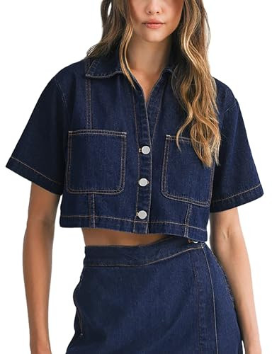 POTILI Women's Denim Top, Short Sleeve Cropped Denim Shirt Button Down Casual Short Jean Jacket with Pocket Dark Blue | Amazon (US)