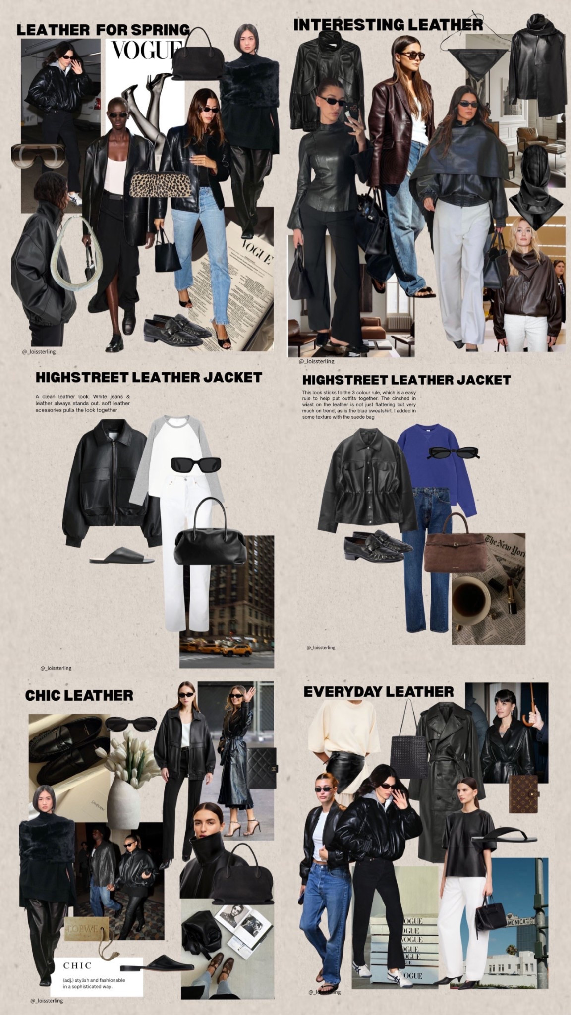 Leather for Spring + notes 📝 1-16 inspo & shopping edits 🖤 part 1 

📌 My Pinterest board has many leather looks pinned, it’s a fail safe piece I wear all year around! The leather is always the main outfit attraction and the rest of the outfit falls so effortlessly around it.

I have loved wearing leather since I was young & I used to think that it was for the cool girls and guys, but nowadays everyone wears it! It’s no longer seen as a ‘cool, edgy’ wardrobe piece but now an easy, effortless essential. 

Leather stays in my wardrobe all year around & I mainly love to wear my leather with denim & some kind of flip flop or sandal. I love butter soft leather, that’s well structured but cosy at the same time.

I have included some really great high-street leather jacket options too! I have styled the looks for everyday, but the leather can just as easily be chucked over your fav satin midi skirt or shorts or teamed with a great casual dress. Mix fabrics and wear your leather with suede, linen and wool. Trust me, take your good leather and chuck it over any outfit, sometimes it’s the finishing touch your outfit needs.

Woman fashion 
Woman style 

#LTKspring #LTKspringtrends #LTKuk