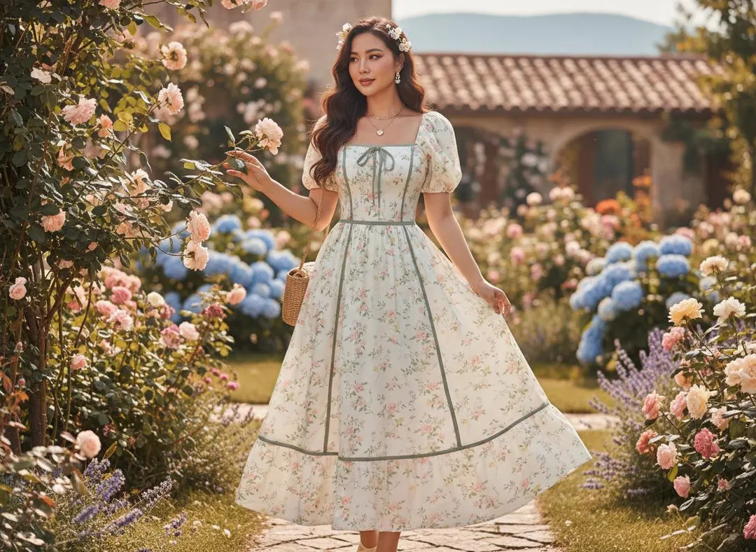 Plus Size Boho Midi Dress Floral Square Neck Puff Sleeve High Waist Ruffle Hem Romantic Summer Ei... | Etsy (US)