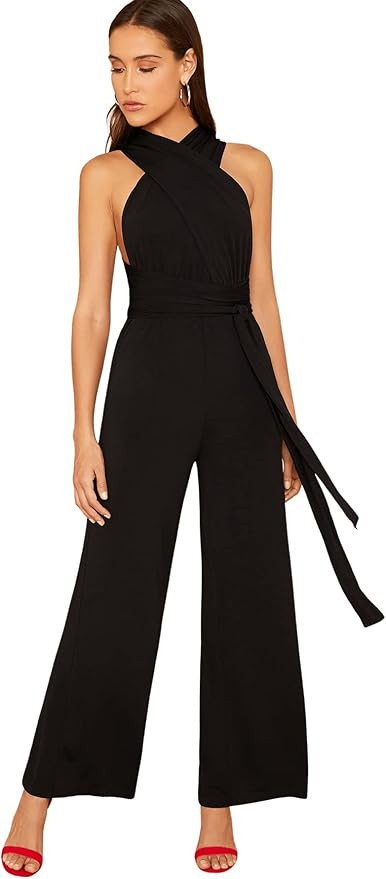 SweatyRocks Women's Sexy Deep V Neck Sleeveless Halter Jumpsuit Backless High Waist Wide Leg Romp... | Amazon (US)