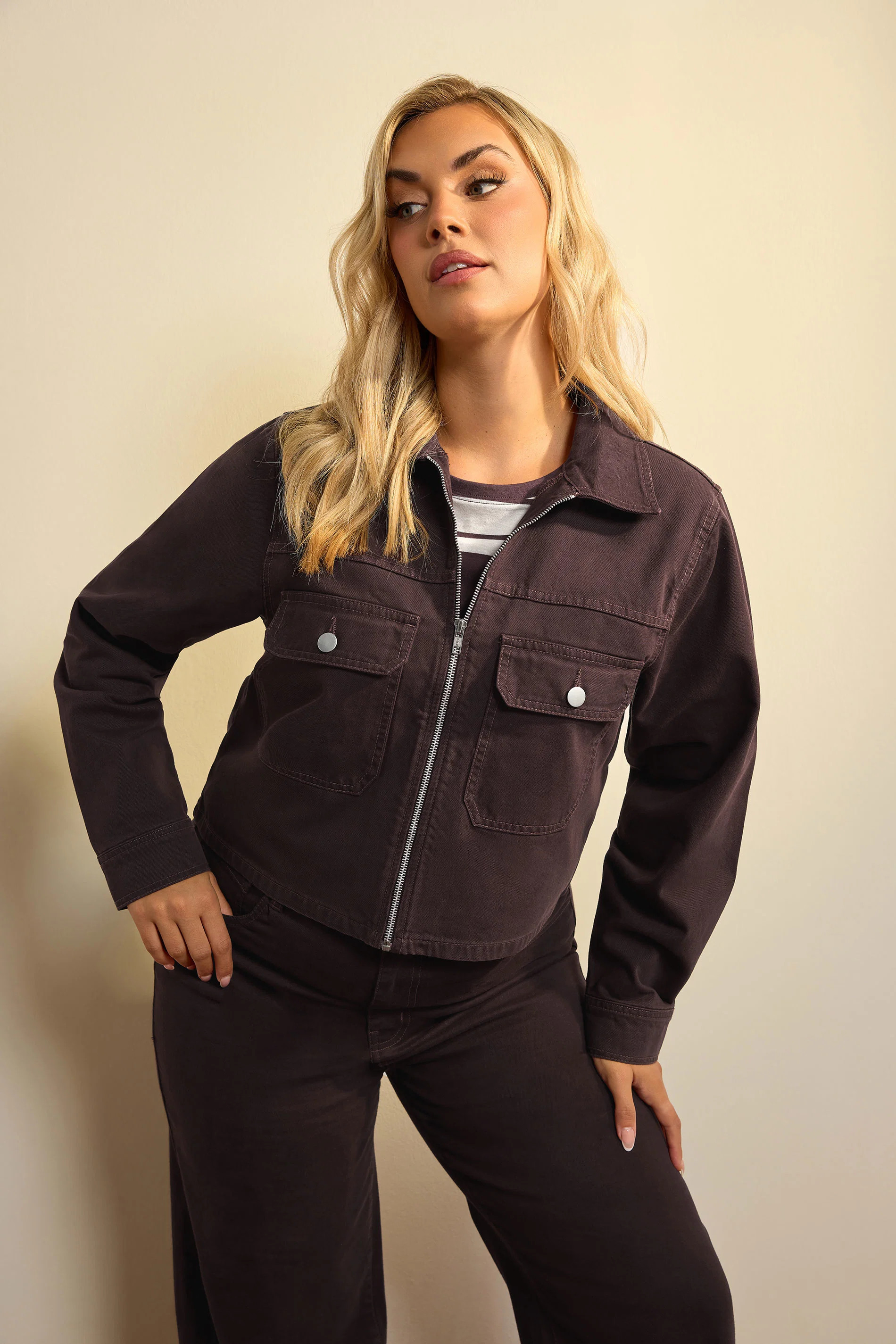 LIMITED COLLECTION Plus Size Chocolate Brown Pocket Denim Jacket | Yours Clothing UK