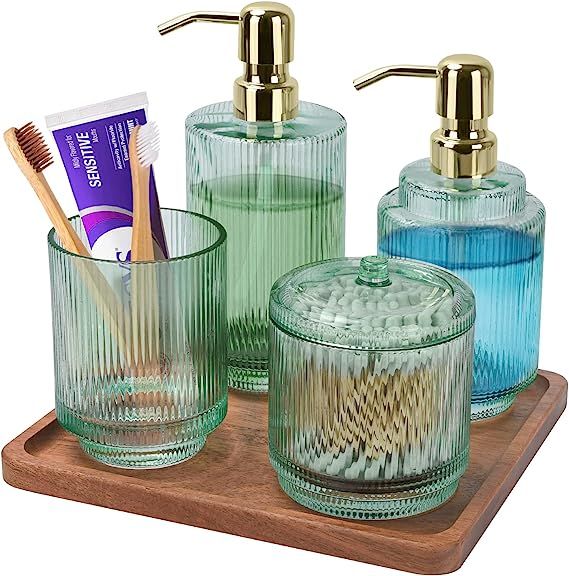 Bathroom Accessory Set,5 PCS Modern Premium Glass Bath Accessories,Set of 2 Lotion Soap Dispenser... | Amazon (US)