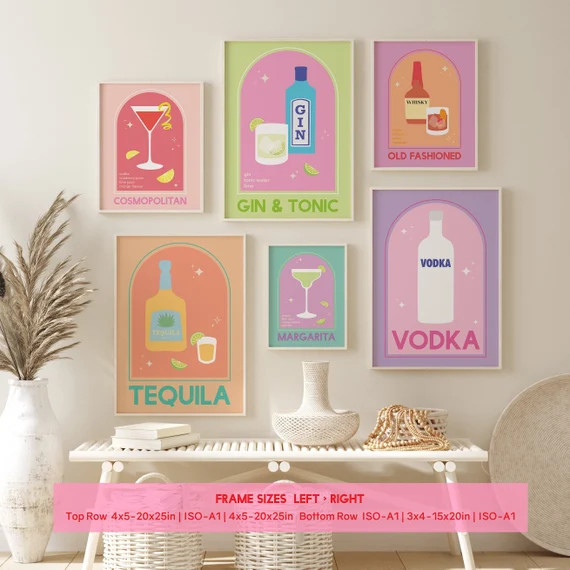 Set of 6 Cocktail Gallery Wall Digital Art Download  Cute | Etsy | Etsy (US)