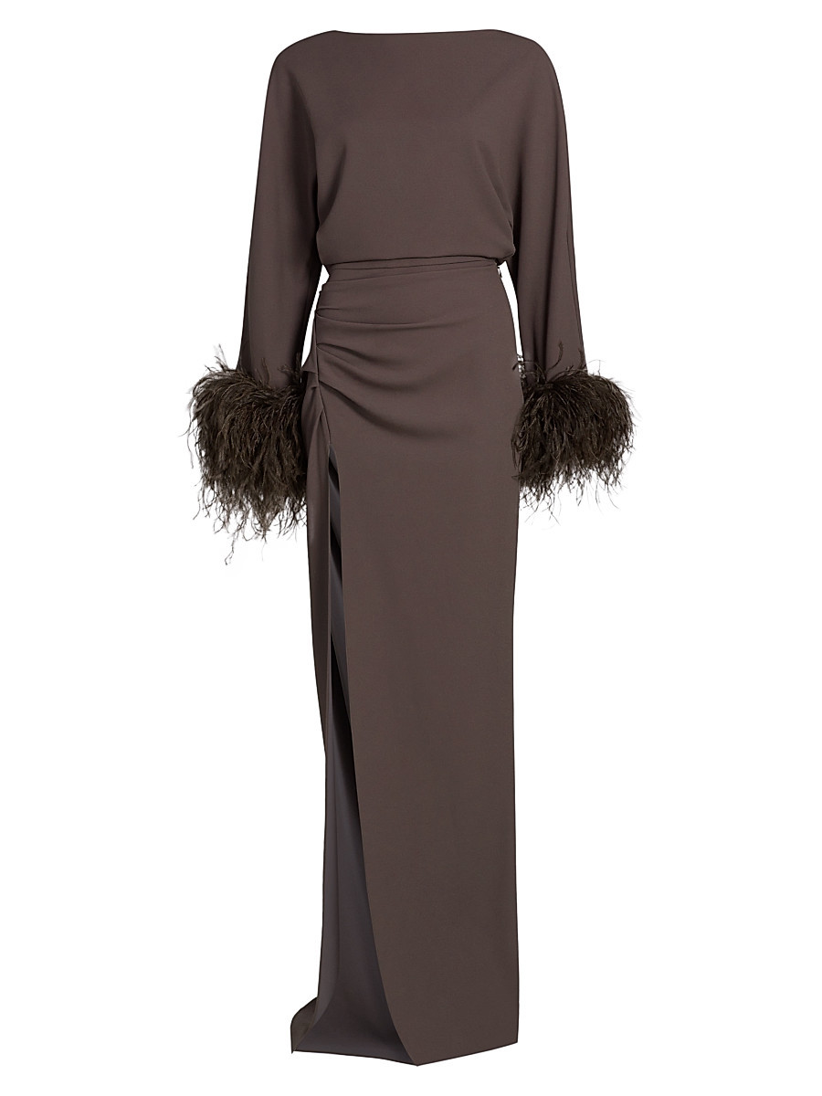 Women's Feather Trim Crepe Long-Sleeve Maxi Dress - Mocha - Size 2 | Saks Fifth Avenue