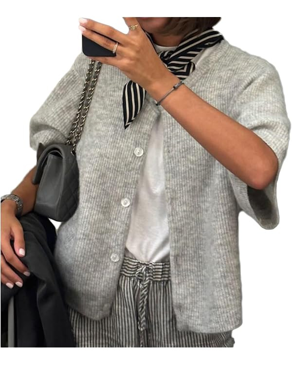 Women Y2k Knitted Crop Cardigan Short Sleeve Button Up Rib Knit Solid Color Cute Sweater Shirt | Amazon (US)