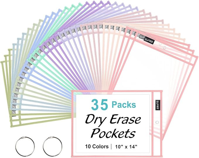 SUNEE 35 Packs Oversized Reusable Dry Erase Pocket Sleeves with 2 Rings, 10 Morandi Colors 10x14 ... | Amazon (US)