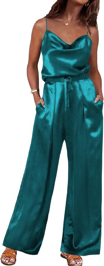 Ekouaer Pajamas for Women Silk Cowl Neck Cami Top Wide Leg Long Pants Set Satin Pjs Sleepwear 2 P... | Amazon (US)