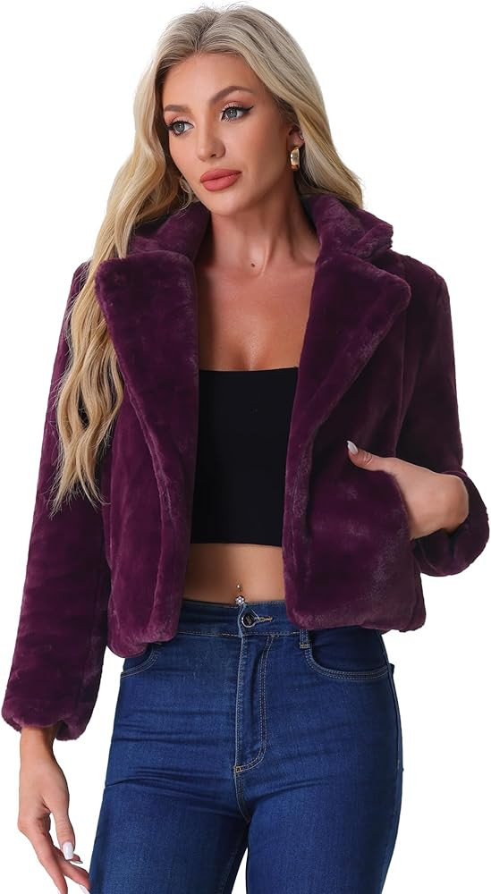 Allegra K Women's Cropped Faux Fur Jacket Lapel Cardigan Shrug 2024 Winter Fluffy Faux Fur Coat | Amazon (US)