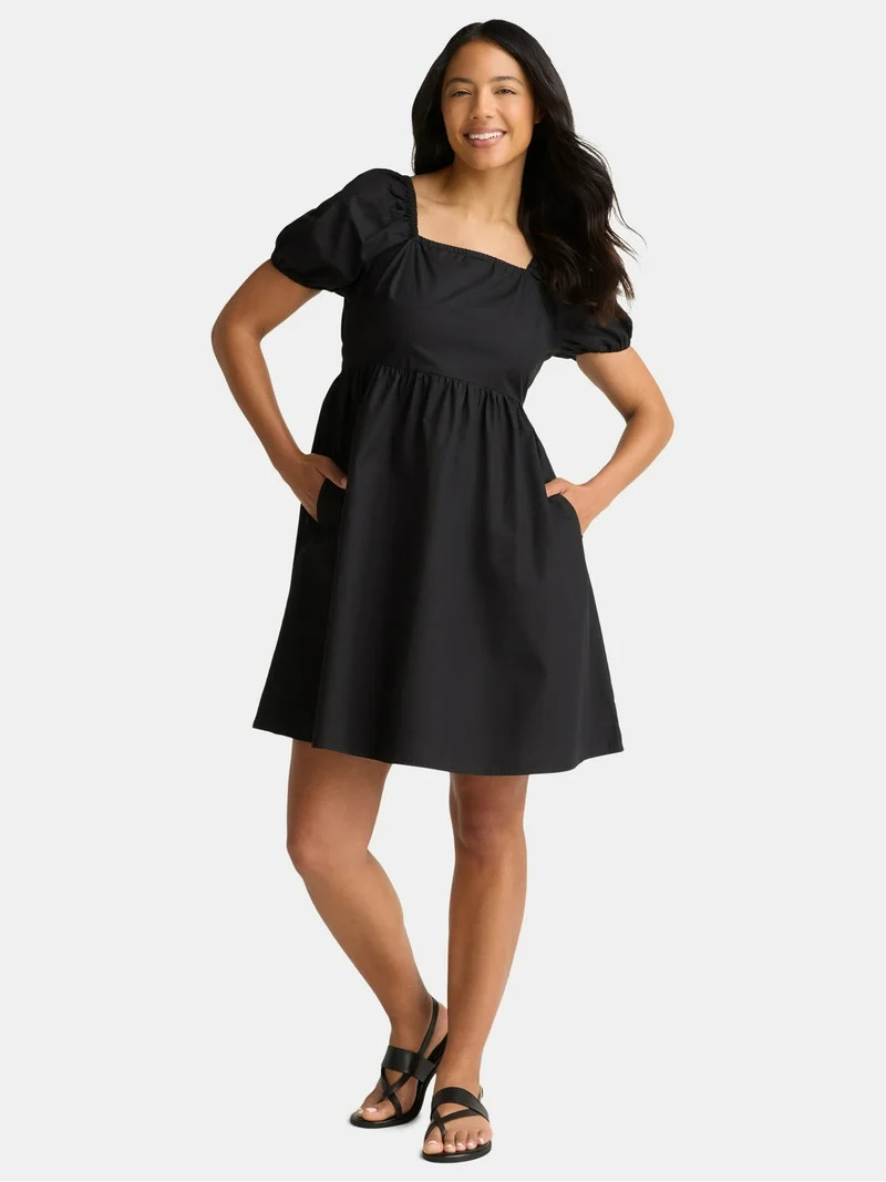 Time and Tru Women's Tie Back Mini Dress with Puff Sleeves, Sizes XS-XXXL - Walmart.com | Walmart (US)