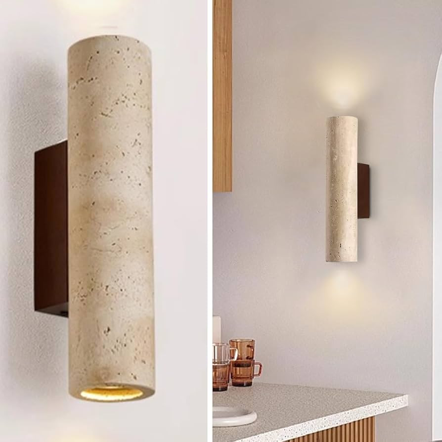 Natural Yellow Travertine Wall Lamp, 11"H Long Linear Stone Wall Sconce with Stone Lampshade Wood... | Amazon (US)