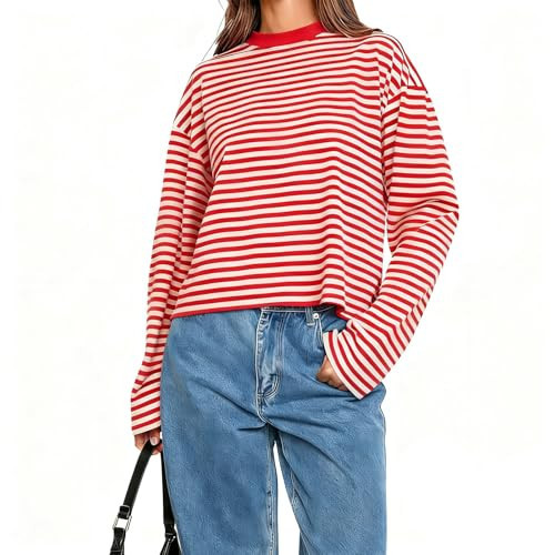 Striped Long Sleeve Shirt Women Oversized Crewneck Cute Y2k Tops Fall Winter Drop Shoulder Casual Top Tunics Teen Girls Loose Basic Tees Color Block Sweatshirt Blouse Long Sleeve Shirts for Women Red | Amazon (US)