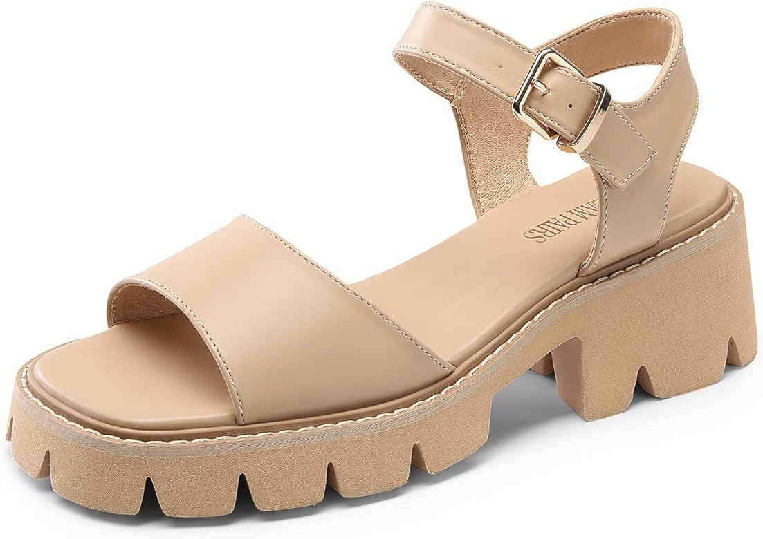 DREAM PAIRS Women's Lug Sole Low Platform Chunky Block Heels Square Toe Ankle Straps Sandals | Amazon (US)