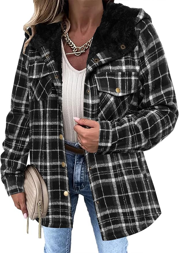 Zeagoo Womens Plaid Shacket Jacket Long Sleeve Button Down Fleece Hooded Jackets Warm Coat | Amazon (US)