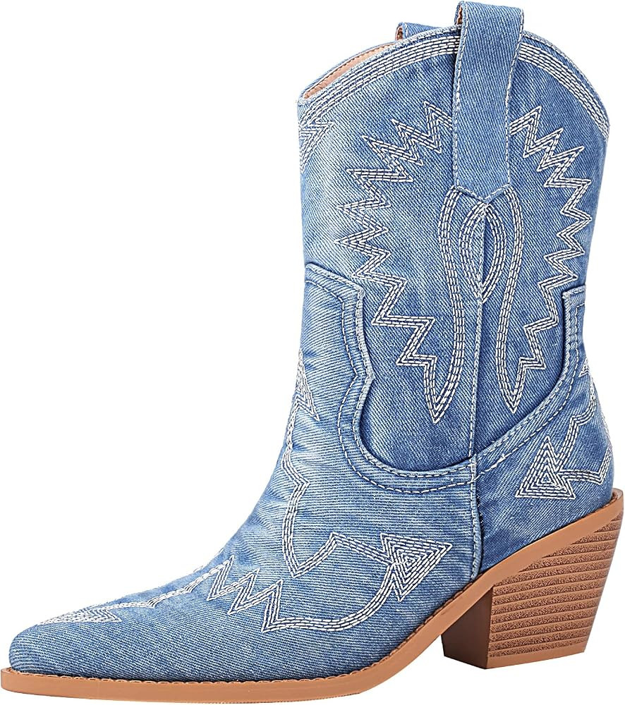Reitoye Women's Embroidered Western Cowboy Boots Mid Calf Chunky Heel Pull-Up Tabs Classic Cowgir... | Amazon (US)