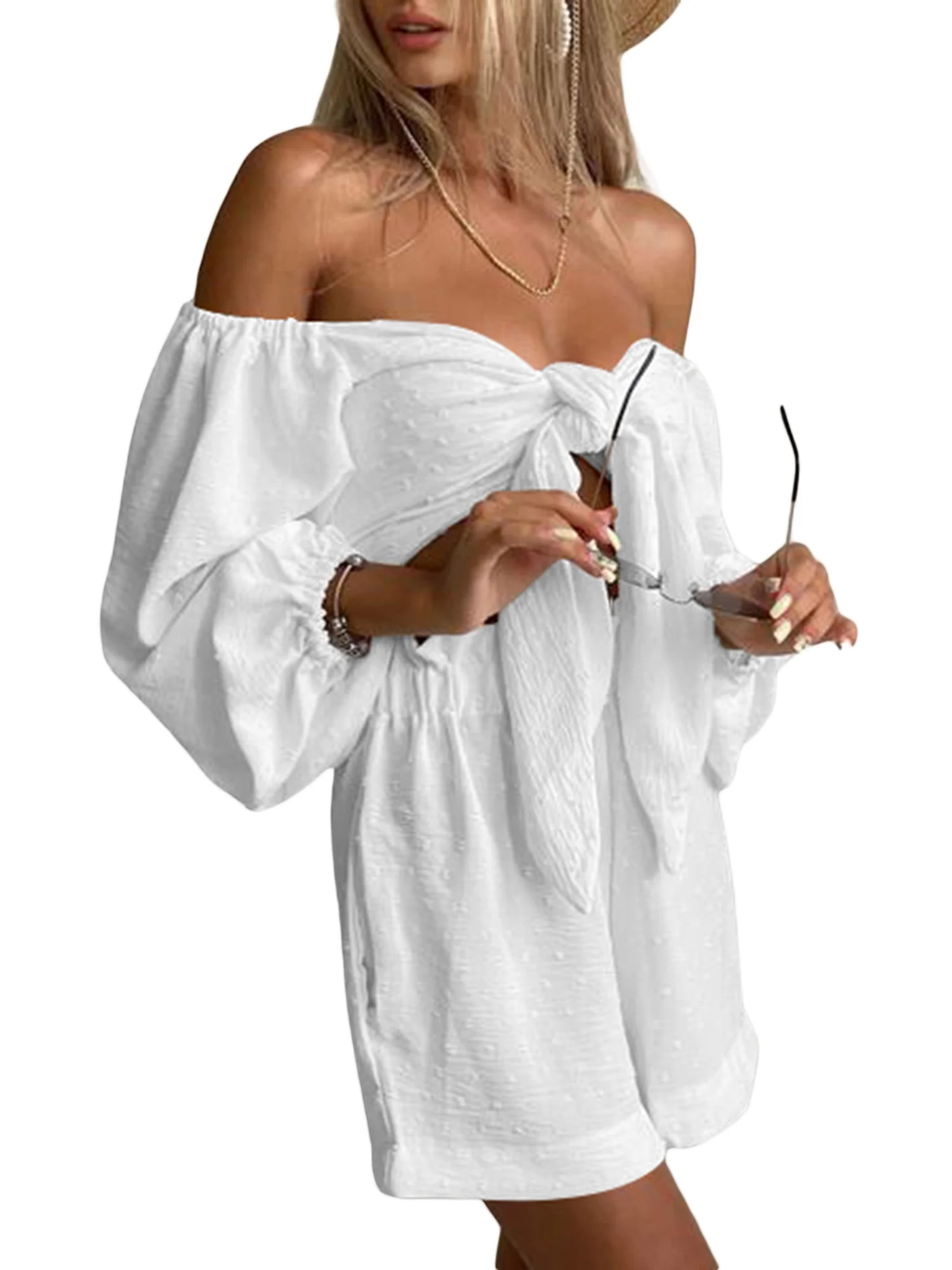 Pudcoco 2 Piece Summer Outfits for Women Sexy Tie Front Puff Sleeve Crop Top and Shorts Set Beach... | Walmart (US)