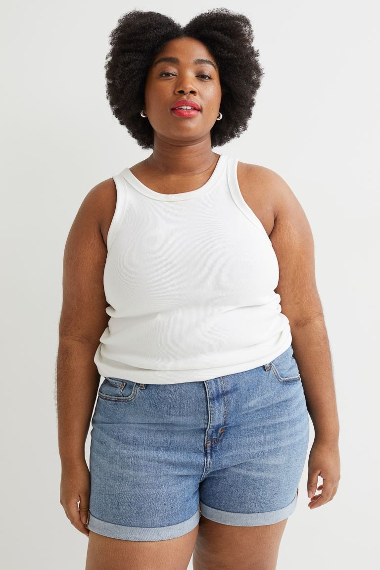 5-pocket shorts in stretch cotton denim. Extra-high waist, zip fly with button, and wide legs wit... | H&M (US + CA)
