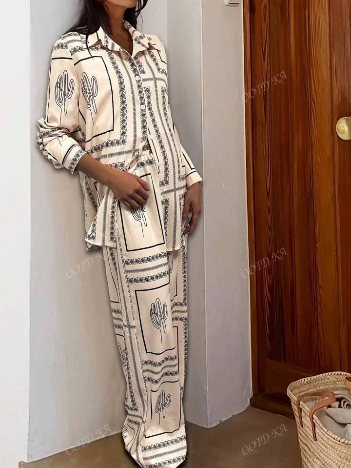 Novo Conjunto De 2 Peças Mulheres Casual Elegante Moda Impressão Aleatória Camisa De Botão E Calça Longa, Adequado Para Casamento | SHEIN