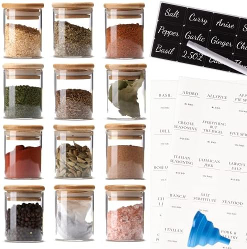 Stylvio 12 2.5oz Glass Spice Jars Set with Airtight Natural Bamboo Lids and 95 Pre-printed Minimalis | Amazon (US)