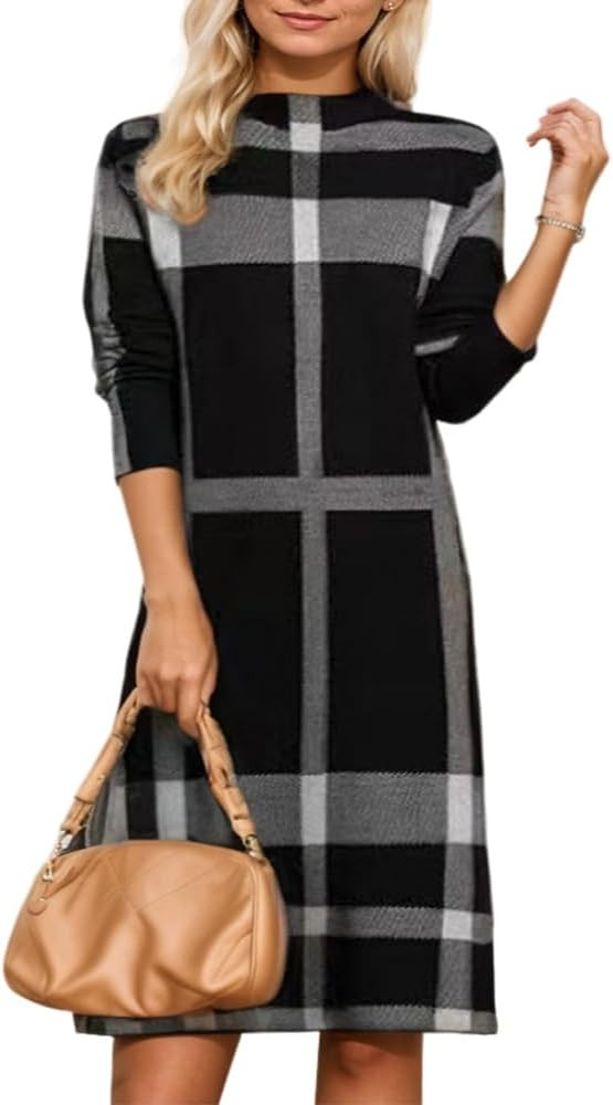 Womens Plaid Splicing Mock Neck Knit Sweater Dress Winter Long Sleeve Knee Length Tunic A-line Mi... | Amazon (US)