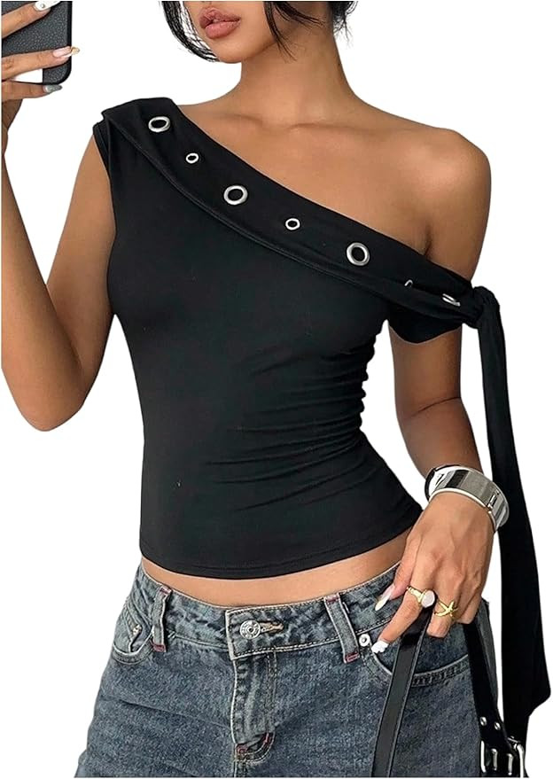 SweatyRocks Women's One Off The Shoulder Tops Tie Knot Slim Fit Going Out Y2K Punk Crop Top | Amazon (US)
