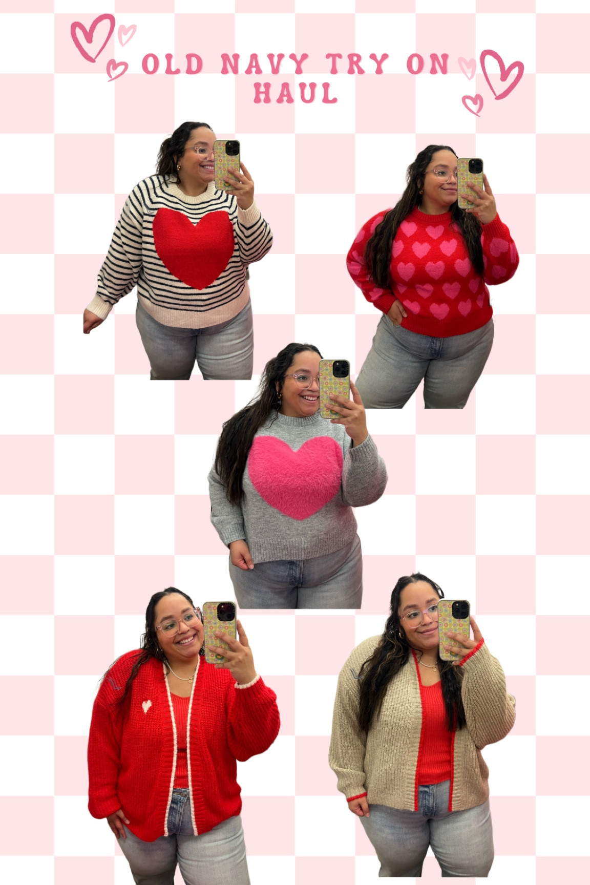Old Navy Try on Haul 
Wearing an XL in the 2 big heart sweaters 
L in the overall heart sweater 
XXL in the cardigans 

#LTKSeasonal #LTKstyletip #LTKplussize