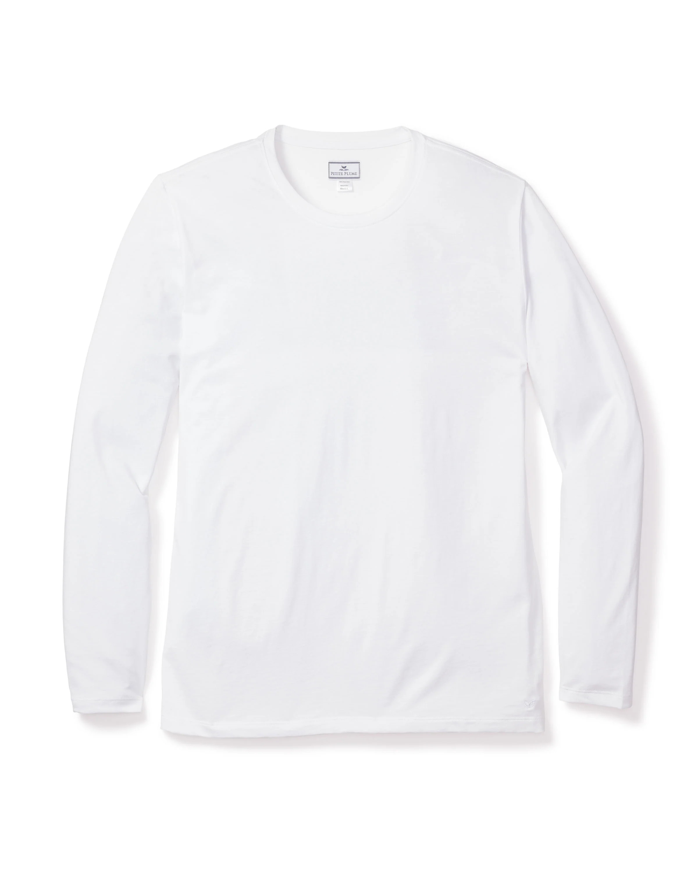 Men's Pima Crew Neck Long Sleeve Top in White | Petite Plume