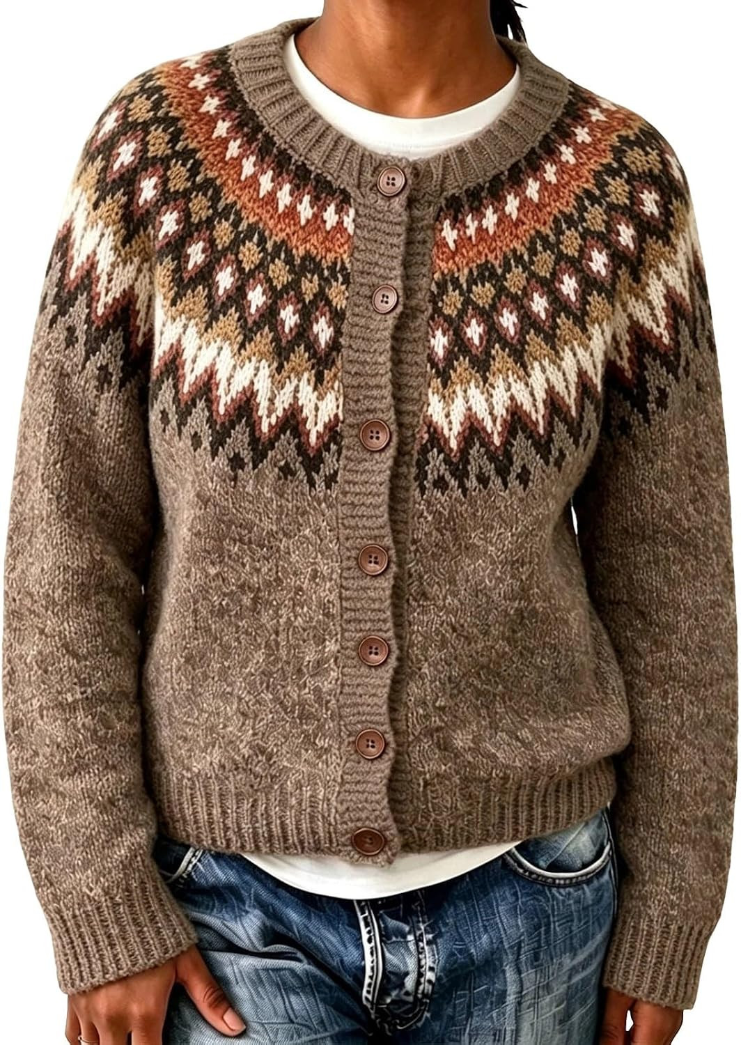 Fair isle Sweater Women Vintage Color Block Crew Neck Knit Cardigan | Amazon (US)