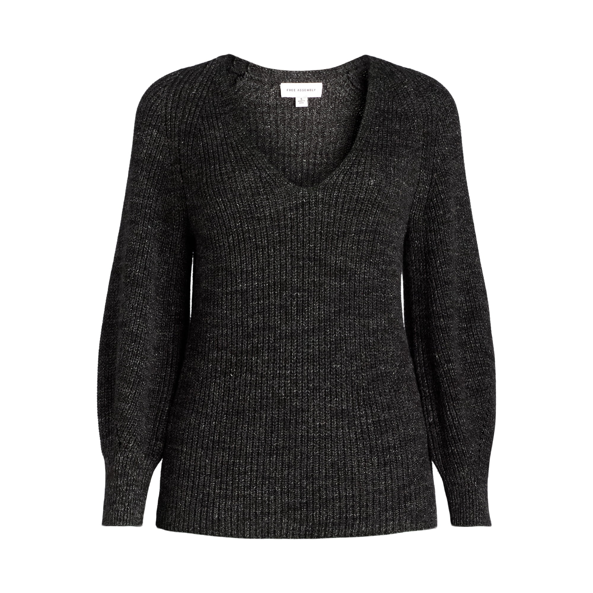 Free Assembly Women's V-Neck Sweater with Long Puff Sleeves, Midweight, Sizes XS-XXL | Walmart (US)