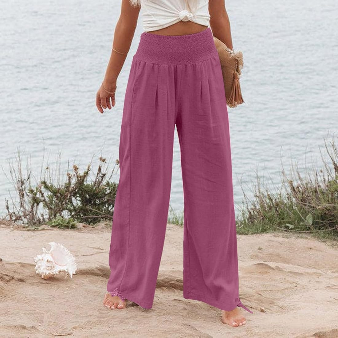 Bemona Linen Pants for Women Flowy Summer High Waisted Wide Leg Pant with Pockets Lounge Trousers Ca | Amazon (US)