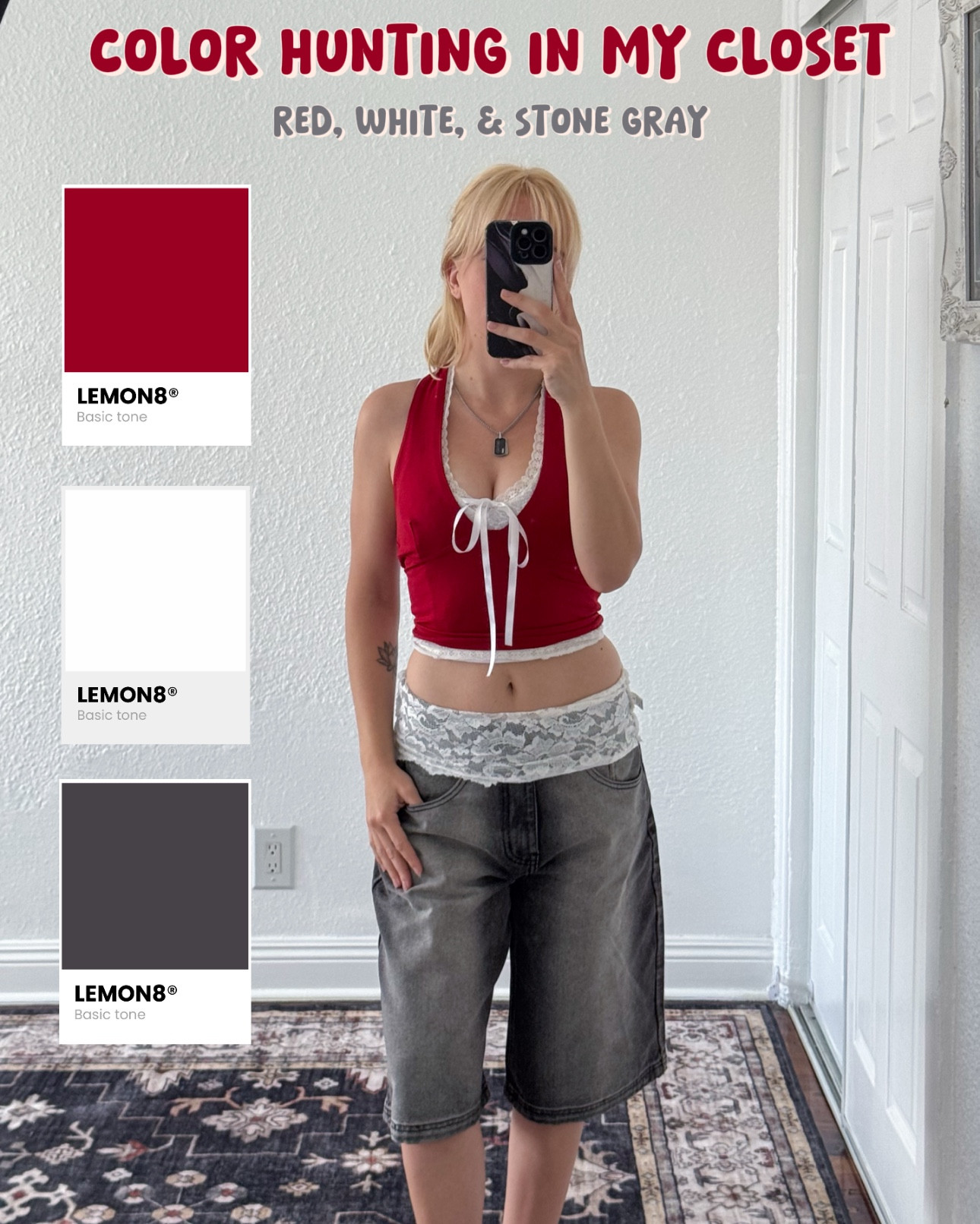 hi guys! here’s an outfit i built by color hunting in my closet :) i started with red in mind, so i picked the red halter top! i think it looks cute layered with my white lace halter top underneath, so i added that.  then i decided to go with gray as my second color. my gray wash jorts were perfect for this! & to continue the white lace theme, i used a white lace cami top to food over the waist.  lastly, i used my red & white vans & gray wash denim purse :)

jorts are from minga london! i couldn’t link them here but i linked some similar ones 

 #colorhunting #colorcombo #zerogatekeeping #red 

#LTKootd